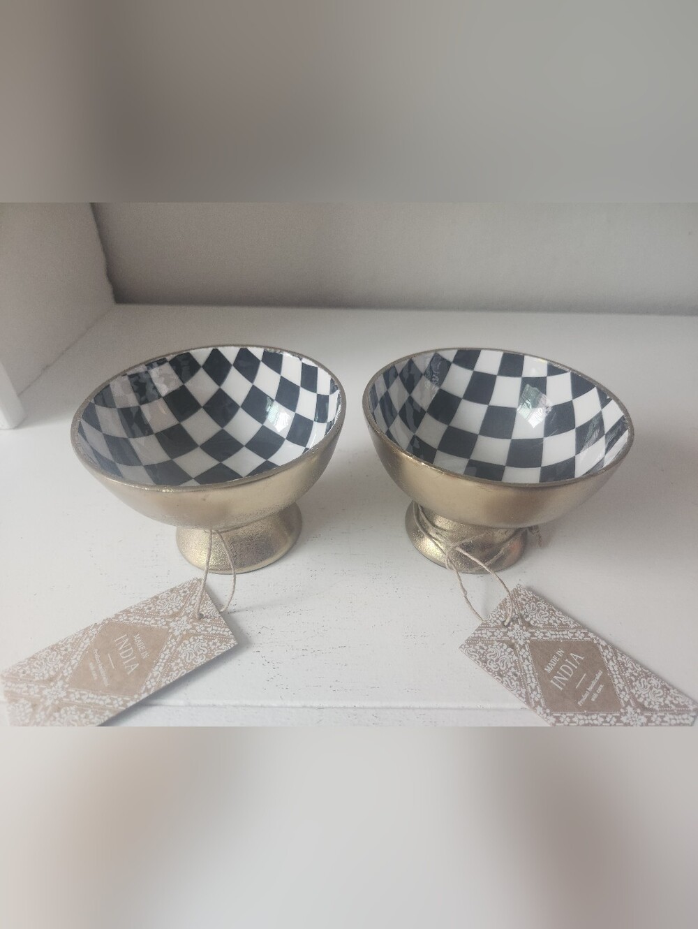 Gold Metal Pedestal Bowls with Black & White Checker Interior (Set of 2) - Picture 9 of 9